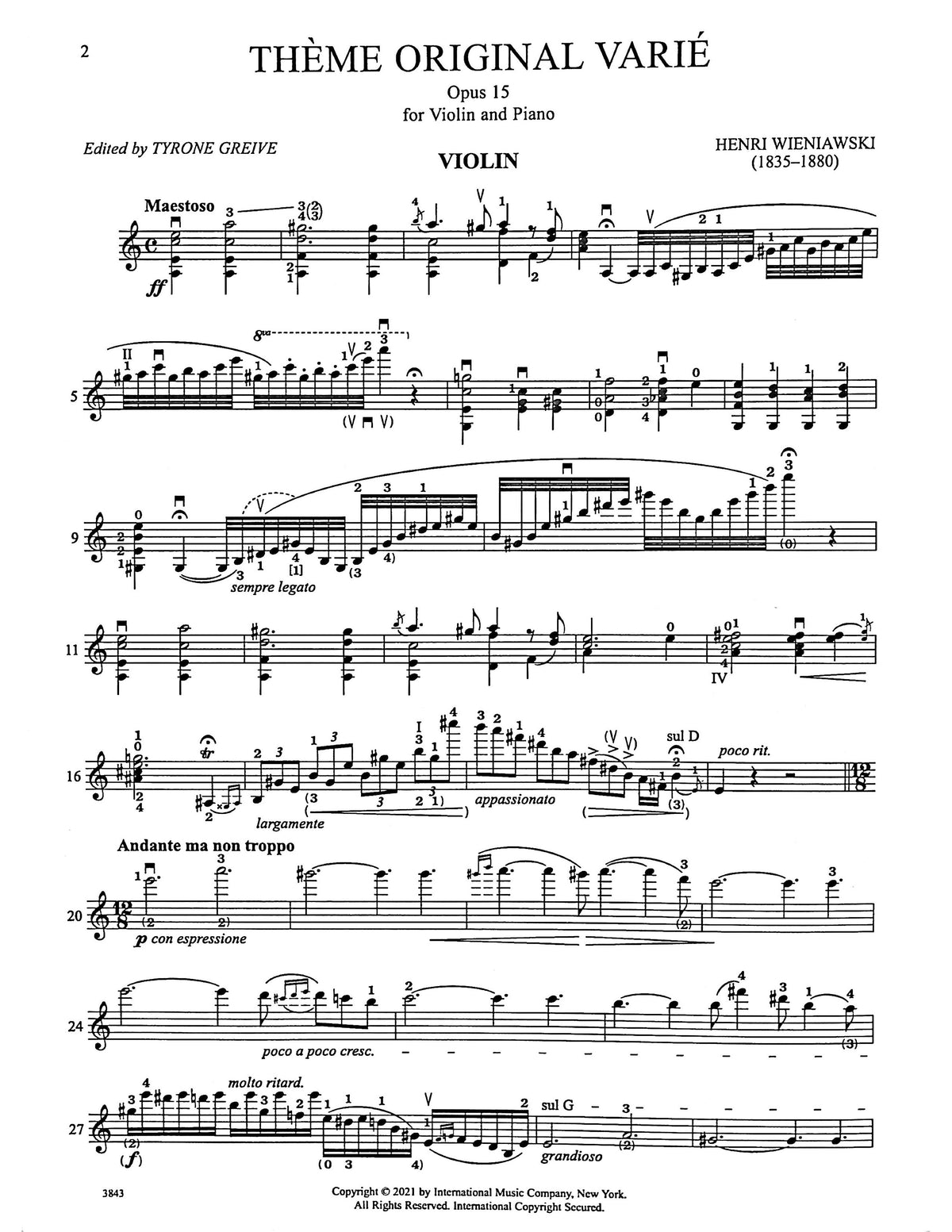 Wieniawski, Henri - Theme Original Varie Opus 15 - Violin and Piano - Edited by Greive - International Music Co.