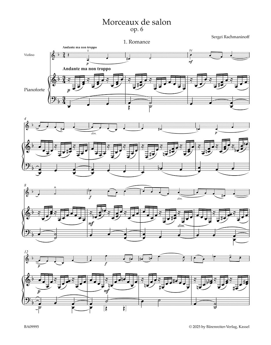 Rachmaninoff, Sergei - Works for Violin and Piano - edited by Daniela Macchione - Barenreiter Urtext