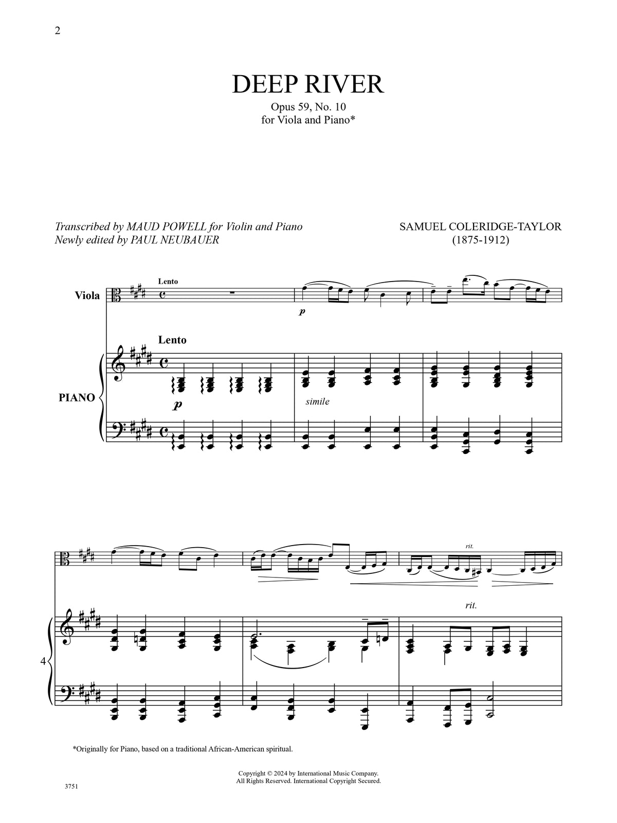 Coleridge-Taylor, Samuel - Deep River Opus 59, No. 10 - Viola and Piano - Edited by Powell and Neubauer - International Music Co.