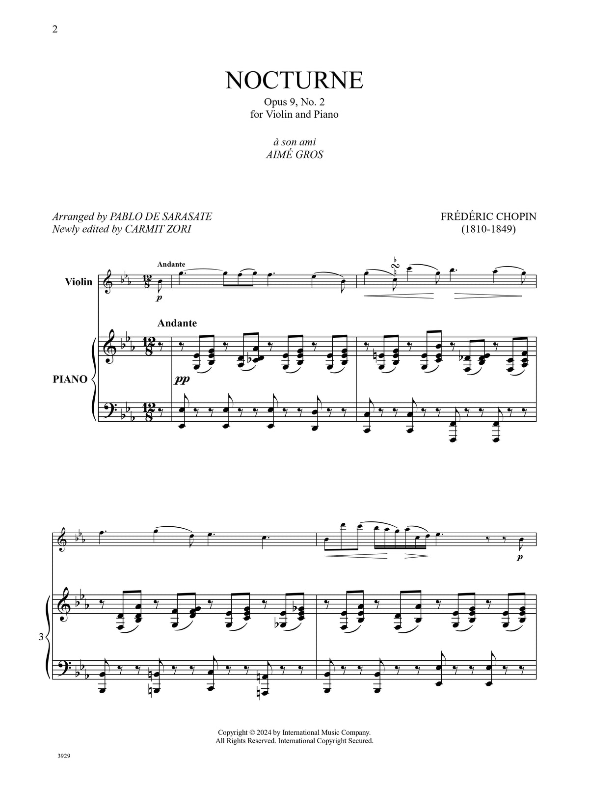 Chopin, Frédéric - Nocturne Opus, No. 2-Violin and Piano - Edited by Sarasate and Zori - International Music Co.