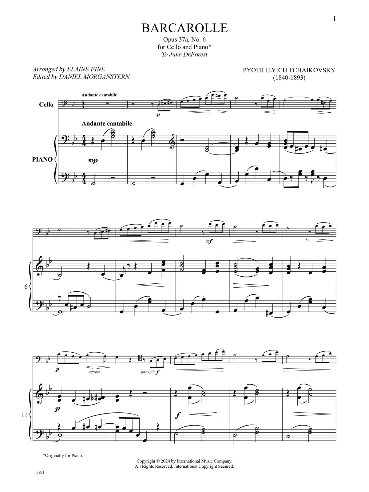 Tchaikovsky, Pyotr - Barcarolle Opus 37a, No. 6 - Cello and Piano - Edited by Fine and Morganstern - International Music Co.