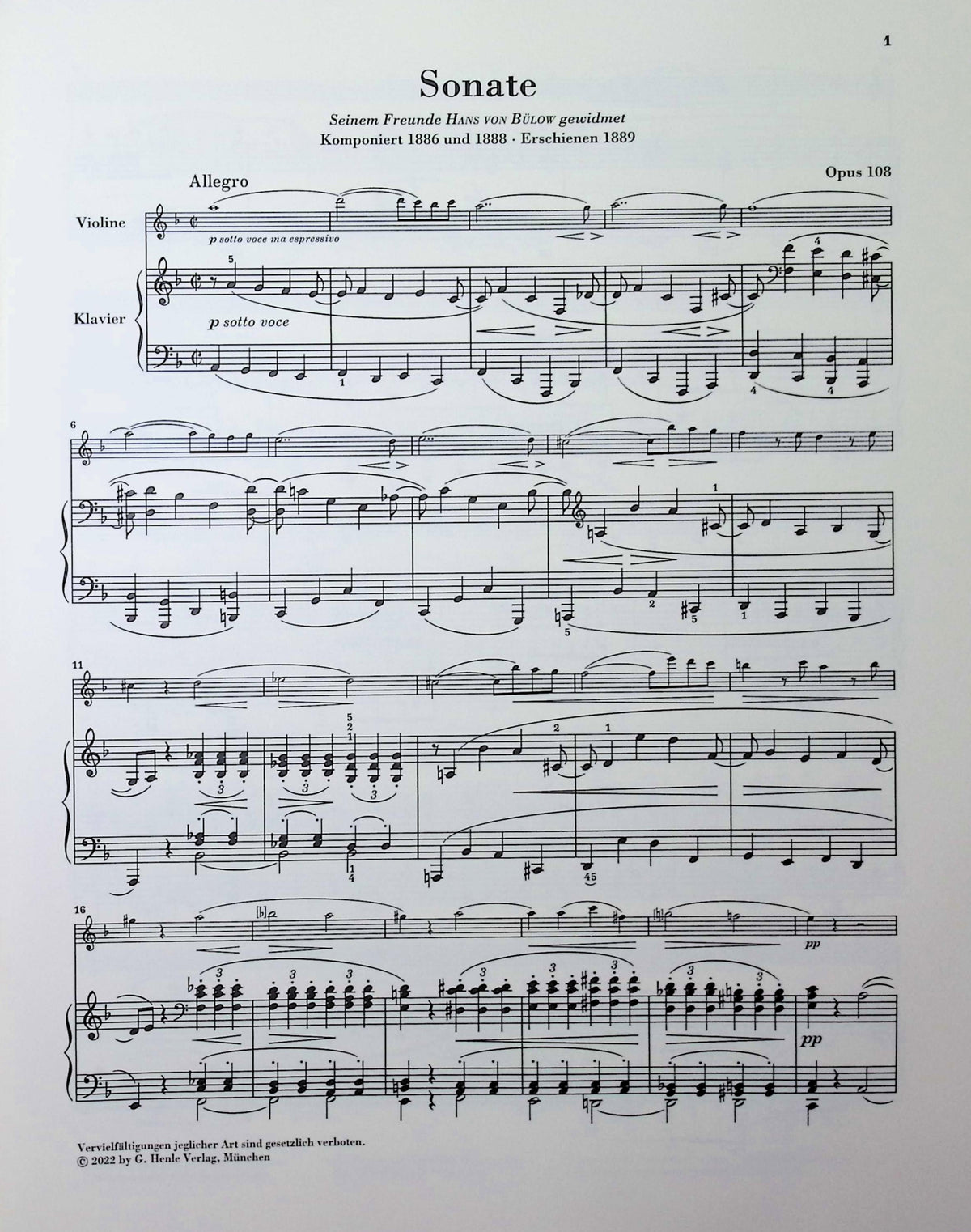 Brahms, Johannes - Sonata in d minor op. 108 for Piano and Violin - Edited by Wiechart - G. Henle Verlag