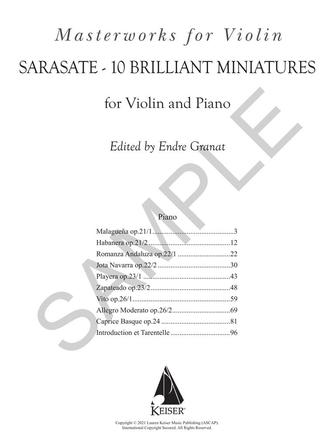 De Sarasate, Pablo - 10 Brilliant Miniatures - Violin and Piano - edited by Endre Granat - Lauren keiser Publishing