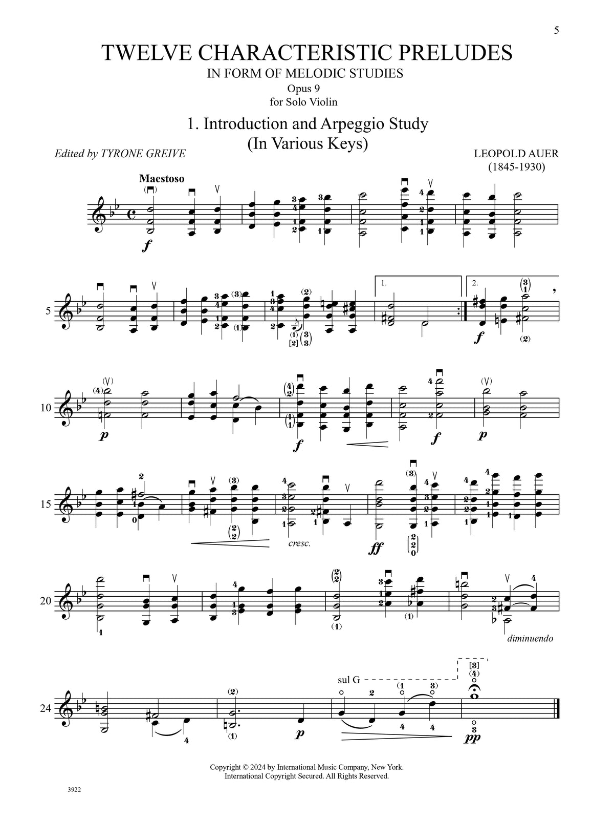 Auer, Leopold - Twelve Characteristic Preludes for Violin Solo, Op. 9 - Edited by Greive - International Music Co