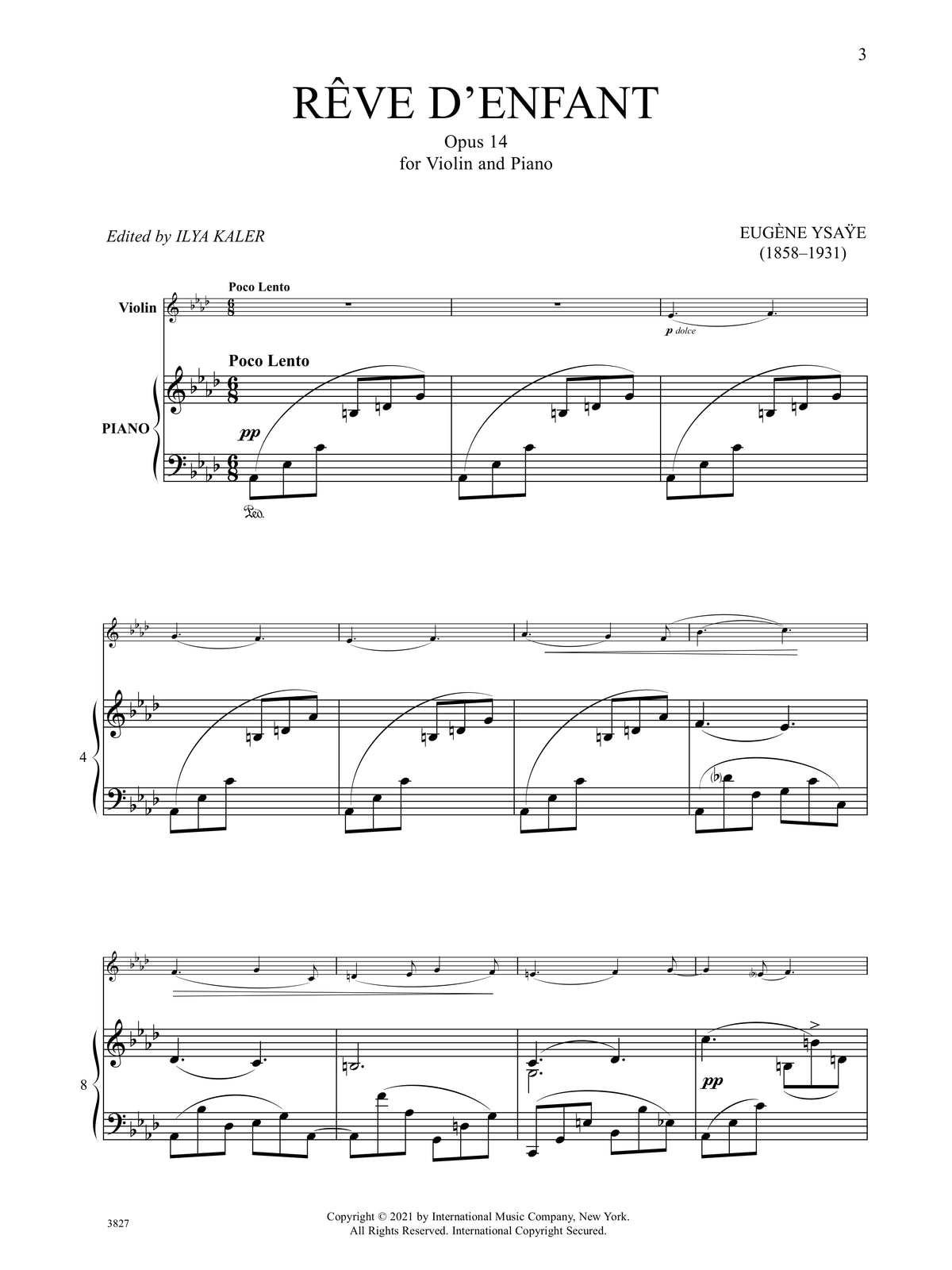 Ysaye, Eugene - Reve D'Enfant Opus 14 - Violin and Piano - Edited by Kaler - International Music Co.