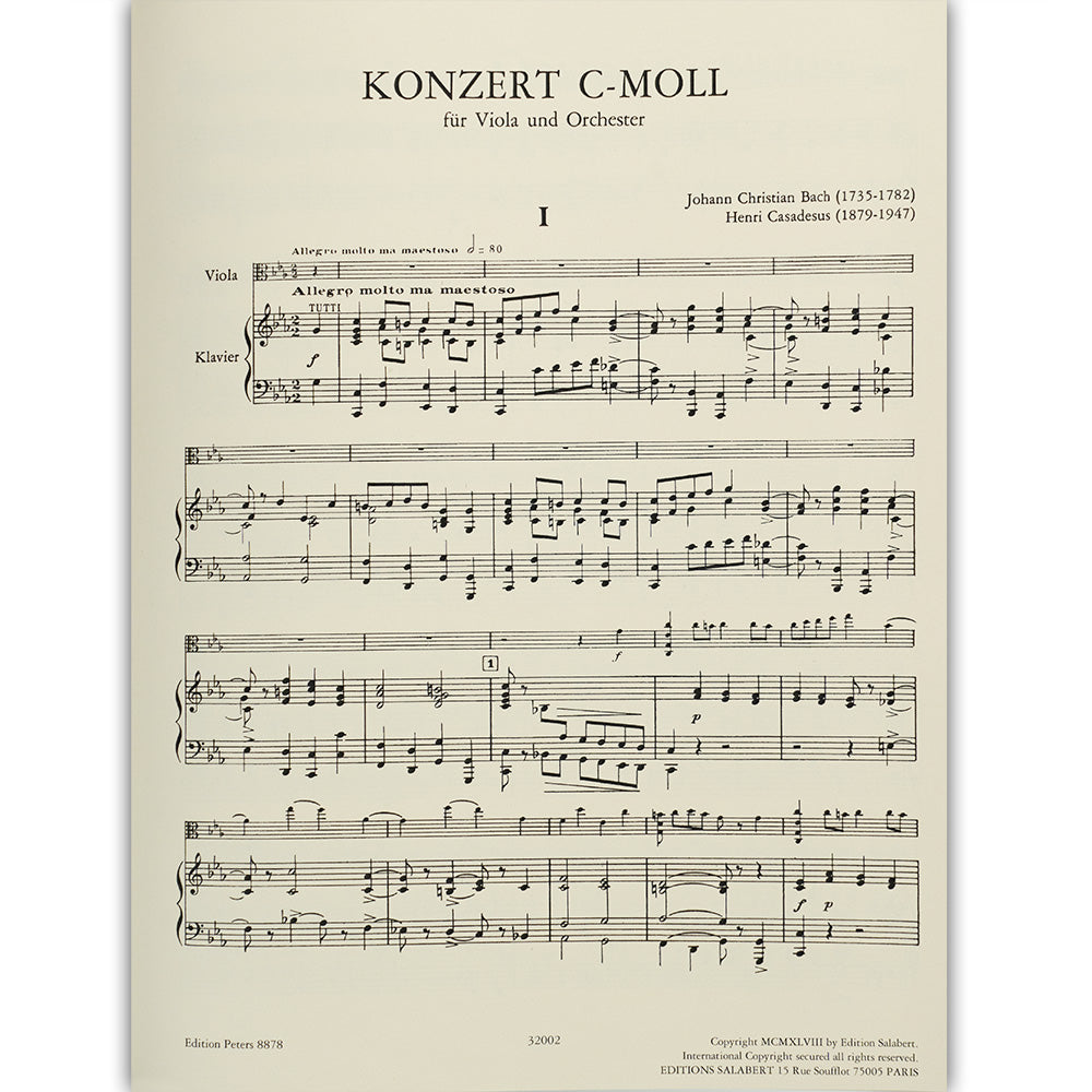 Bach, Johann Christian - Concerto in c minor - Viola and Piano - edited by Henri Casadesus - Edition Peters