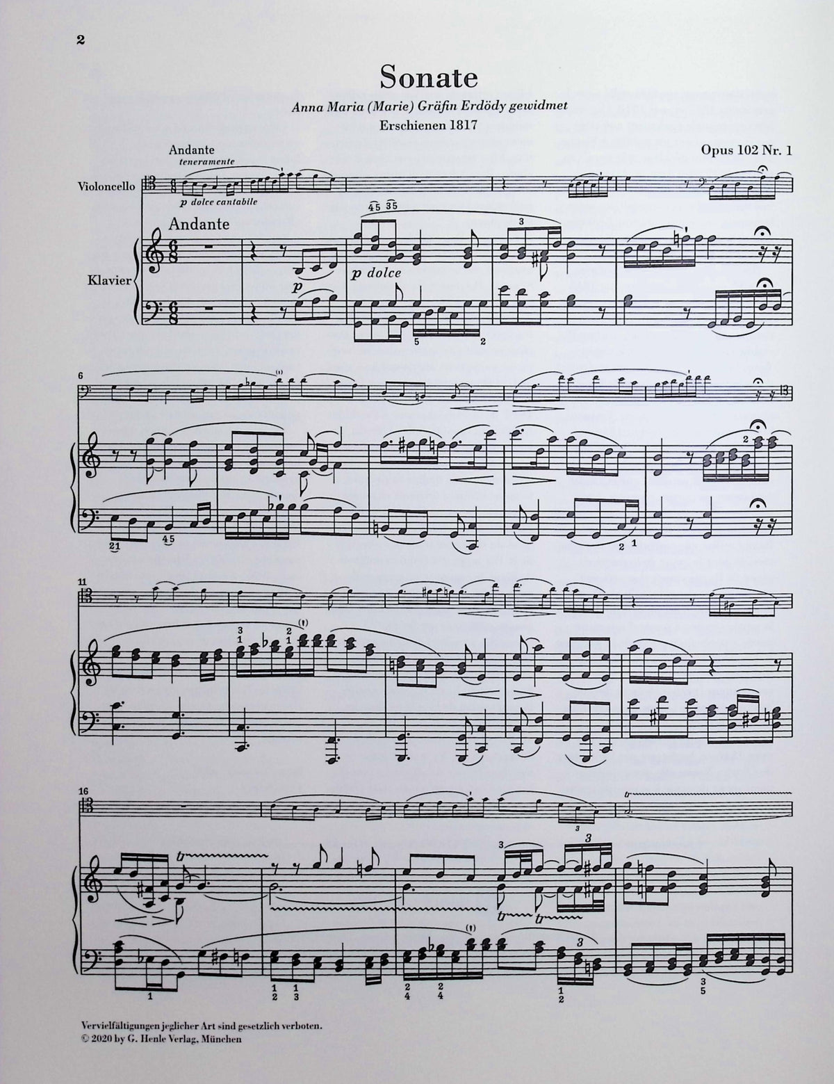 Beethoven, van Ludwig - Sonata in C major op. 102 no. 1 for Piano and Violoncello - Edited by Dufner - G. Henle Verlag