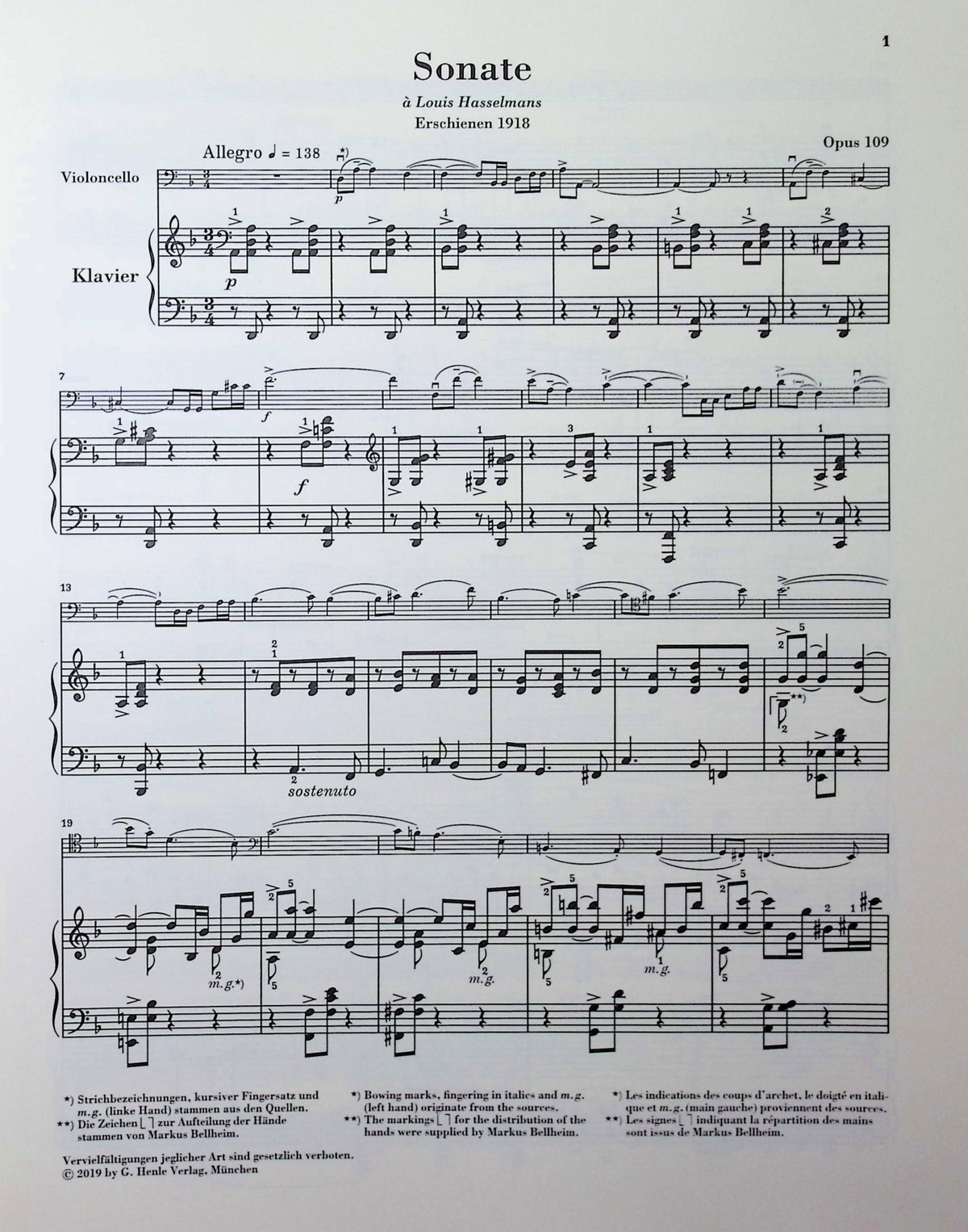 Faure, Gabriel - Sonata no. 1 in d minor op. 109 for Violoncello and Piano - Edited by Kolb - G. Henle Verlag