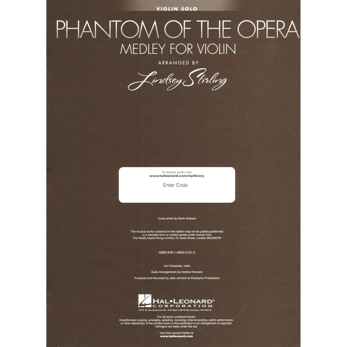 Phantom Of The Opera - Medley for Violin with Audio Accompaniment - arranged by Lindsey Stirling - Hal Leonard