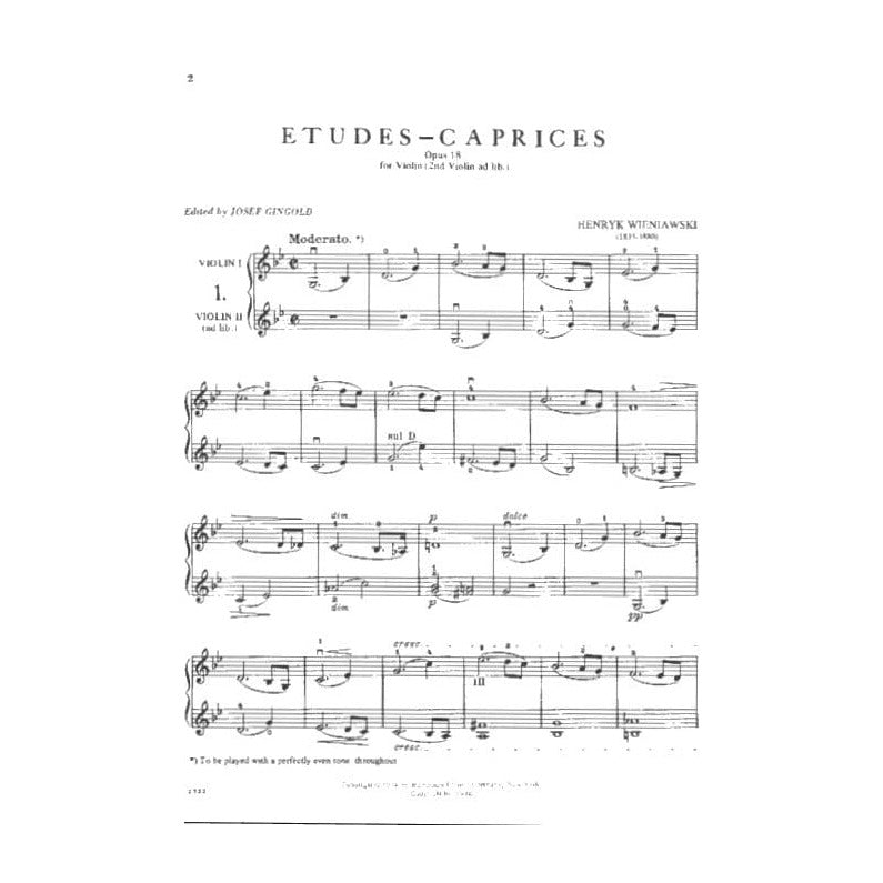 Wieniawski, Henryk - Etudes Caprices, Op 18 - Violin solo with optional 2nd Violin part - edited by Josef Gingold - International Music Company