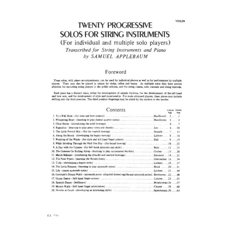 20 Progressive Solos for String Instruments for Violin - arranged by Samuel Applebaum - Alfred Publication