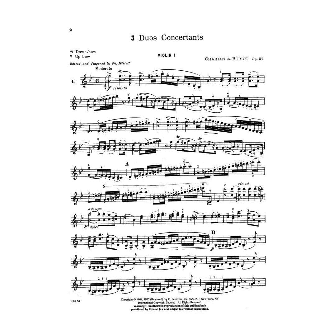 Beriot, Charles De - 3 Duos Concertants Op 57 for Two Violins - Arranged by Mittell - Schirmer Edition