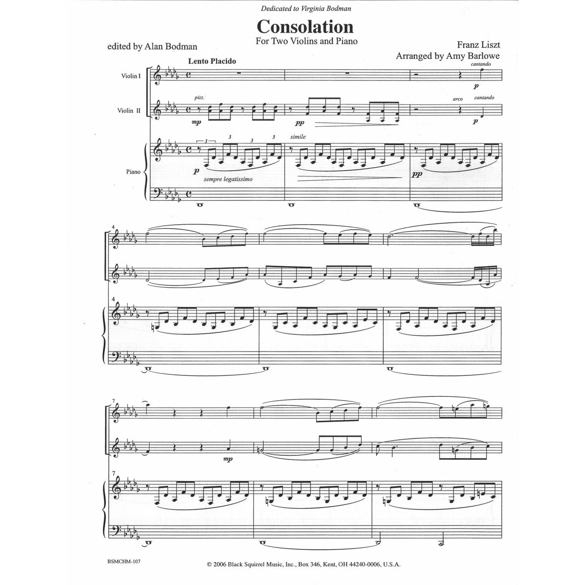Liszt, Franz - Consolation - Two Violins and Piano - arranged by Amy Barlowe, edited by Alan Bodman - Black Squirrel Music