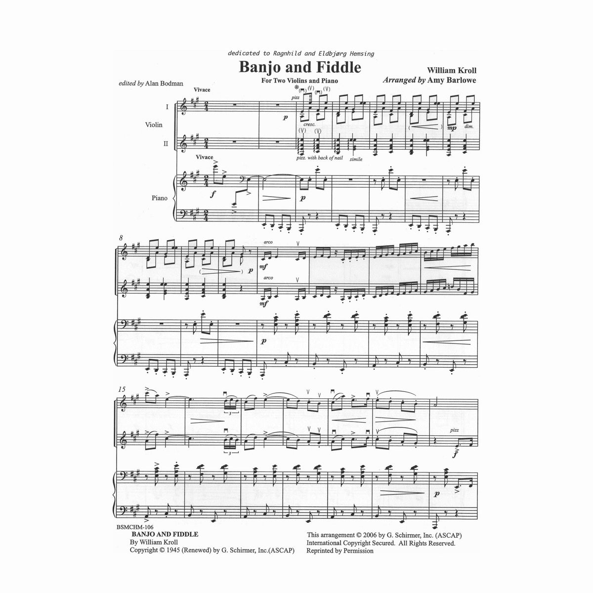 Kroll, William - Banjo and Fiddle - Two Violins and Piano - arranged and edited by Amy Barlowe and Alan Bodman - Black Squirrel Music
