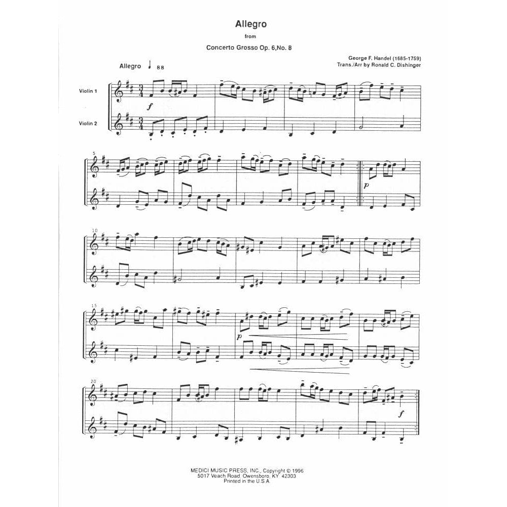 Handel, George Frideric - Nine Duets from Concerti Grossi, Op 6 - Two Violins - arranged by Ronald C Dishinger - Medici Music Press