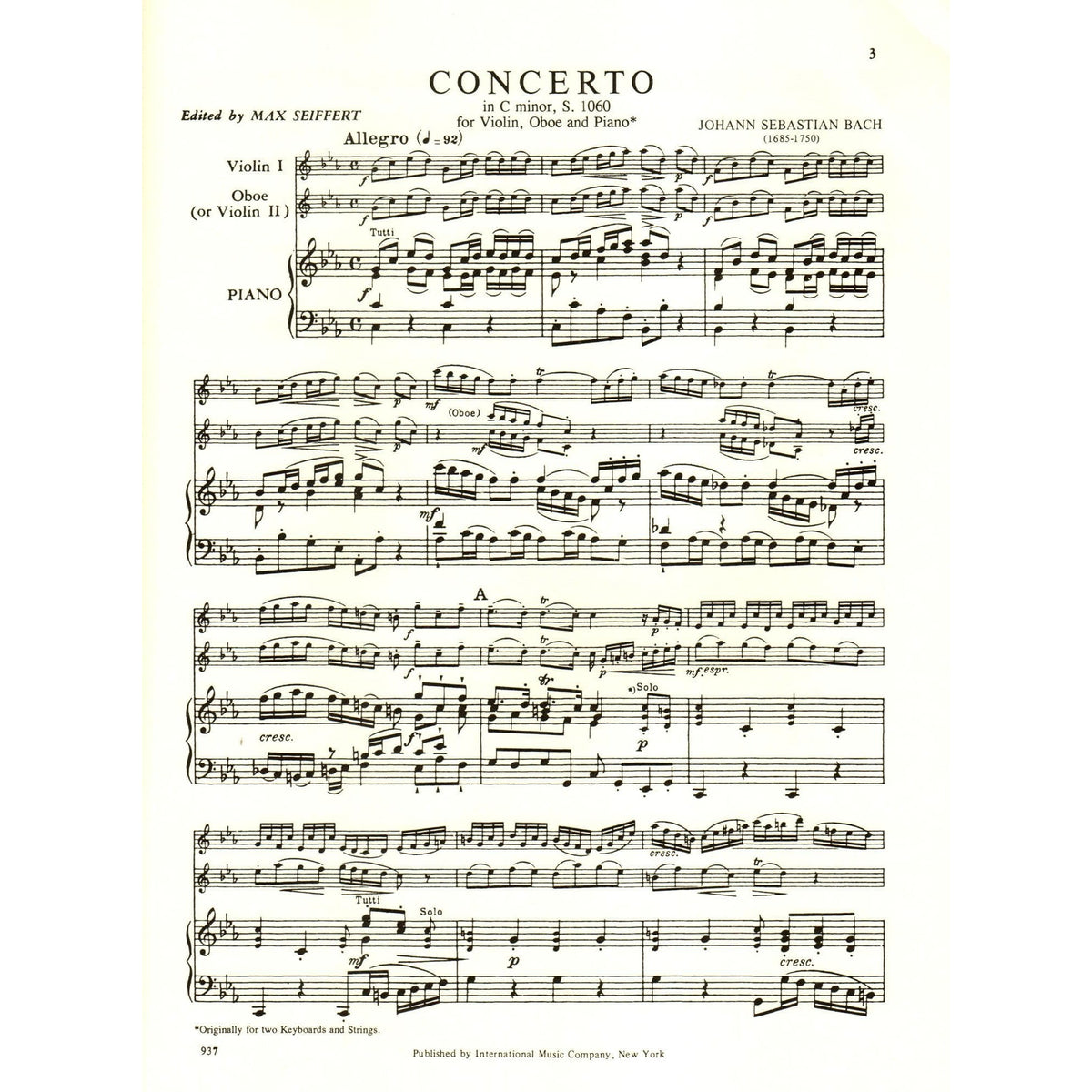 Bach, JS - Concerto in c minor, BWV 1060R - Violin, Oboe, and Piano / Two Violins and Piano - edited by Max Seiffert - International Music Company