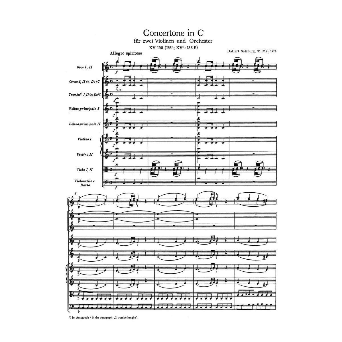 Mozart, WA - Concertone for Two Violins and Orchestra in C Major, K 190 - SCORE ONLY - Bärenreiter Verlag URTEXT