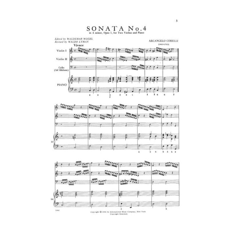 Corelli, Arcangelo - 12 Trio Sonatas, Op 1 - Volume 2, No 4-6 for Two Violins and Piano (With Cello ad libitum) - International Edition