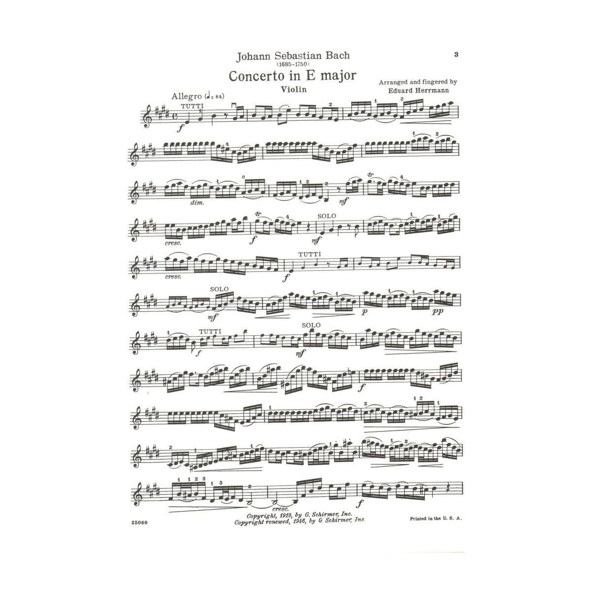 Bach, JS - Violin Concerto No 2 in E Major, BWV 1042 - Violin and Piano - edited by Herrmann - Schirmer