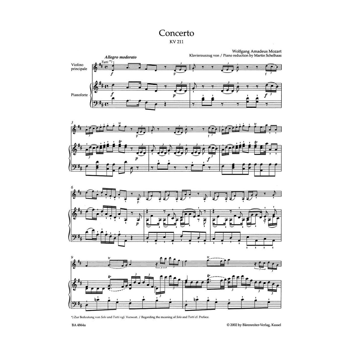 Mozart, WA - Concerto No 2 in D Major, K 211 - Violin and Piano - edited by Christoph Hellmut Mahling - Bärenreiter Verlag URTEXT