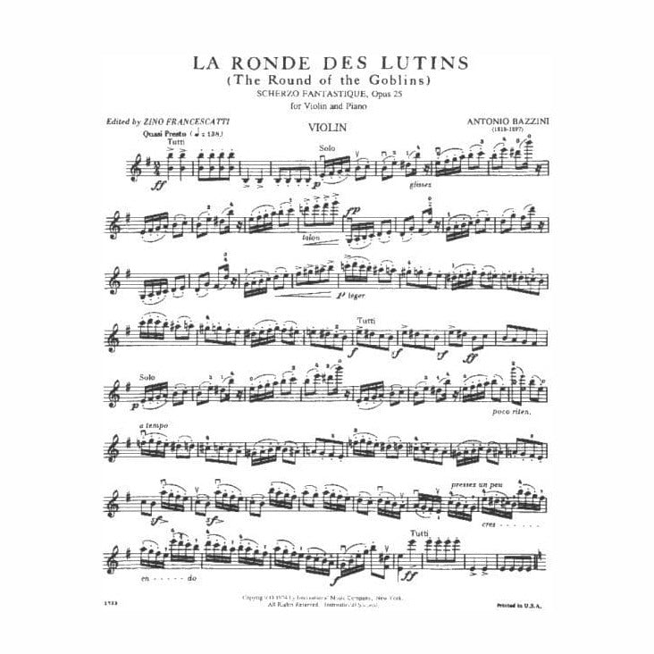 Bazzini, Antonio - La Ronde des Lutins, Op 25 (Dance of the Goblins) - edited by Zino Francescatti - International Music Company