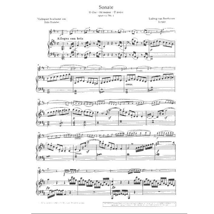 Beethoven, Ludwig - Sonata No 1 in D Major Op 12 - Violin and Piano - Arranged by Kreisler - Schott Edition