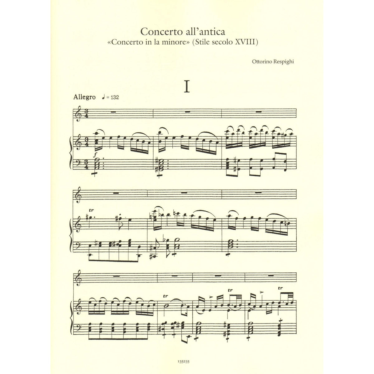 Respighi, Ottorino - Concerto All'Antica in A minor (18th Century Style) - for Violin and Piano - Ricordi
