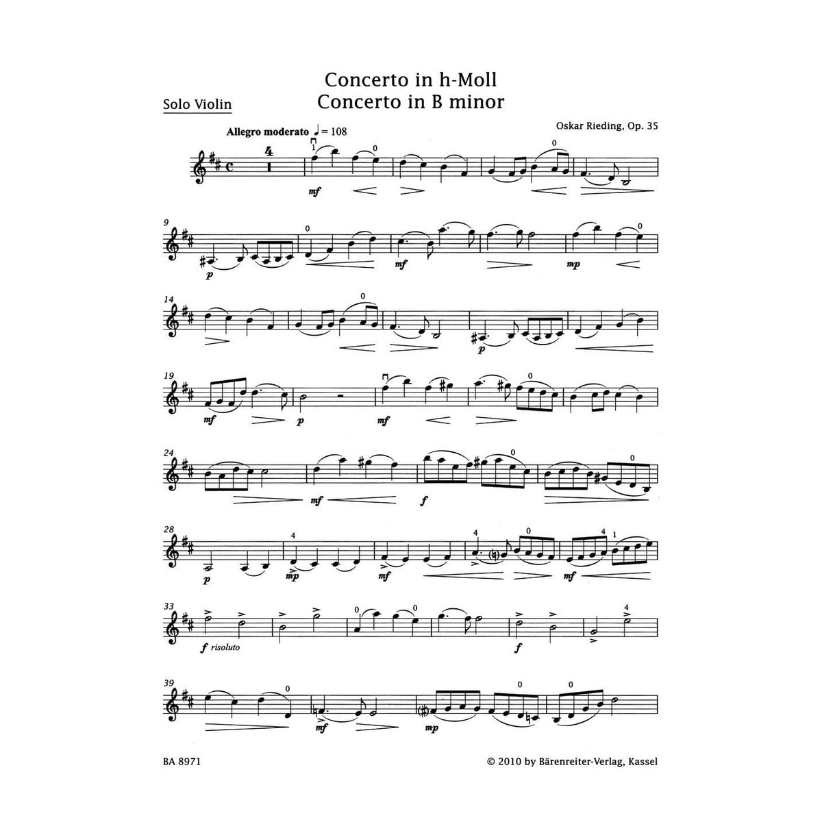 Rieding, Oskar - Violin Concerto in B Minor, Op 35 - Violin and Piano - edited by Kurt Sassmannshaus - Bärenreiter