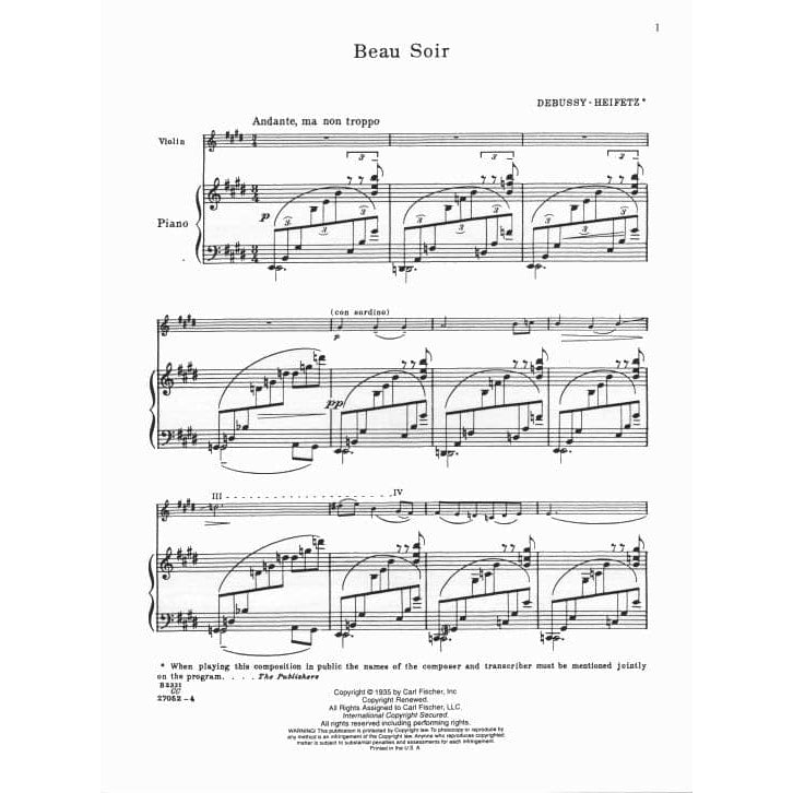 Debussy, Claude - Beau Soir for Violin and Piano - arranged by Jascha Heifetz - Fischer Edition