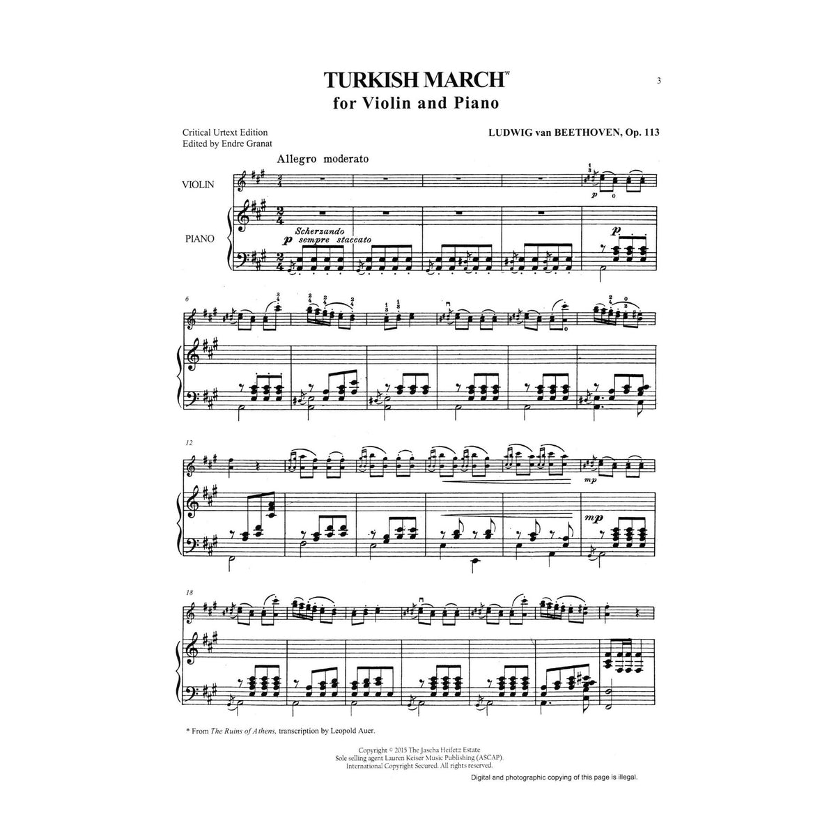 Beethoven, Ludwig van - Heifetz Collection: The Beethoven Folio - for Violin and Piano - edited by Endre Granat - Lauren Keiser (Hal Leonard)