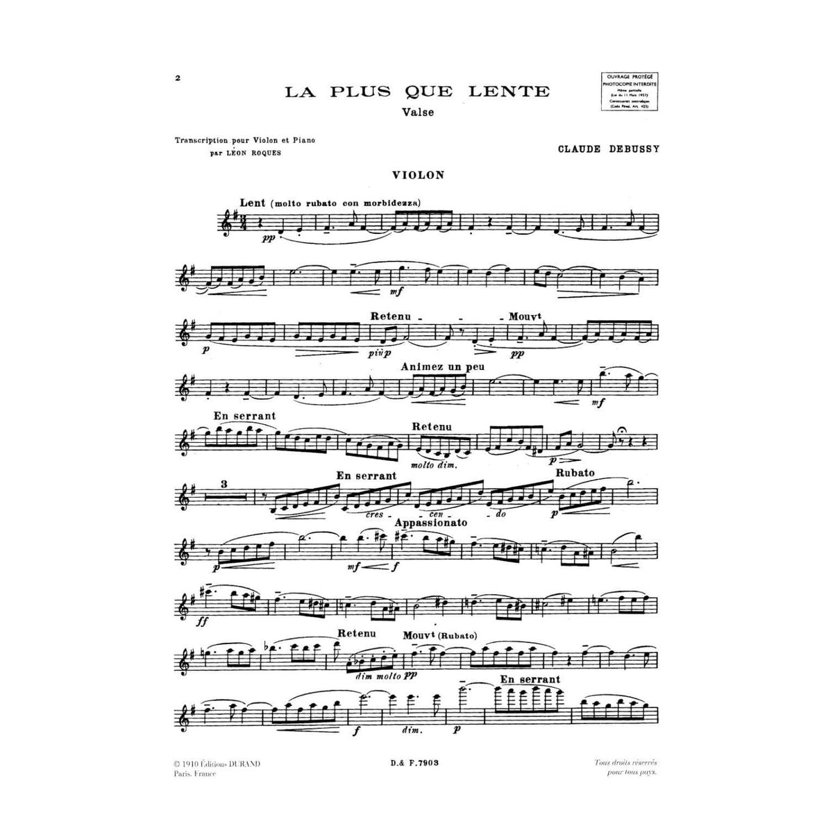 Debussy, Claude - La Plus Que Lente for Violin and Piano - Durand Edition