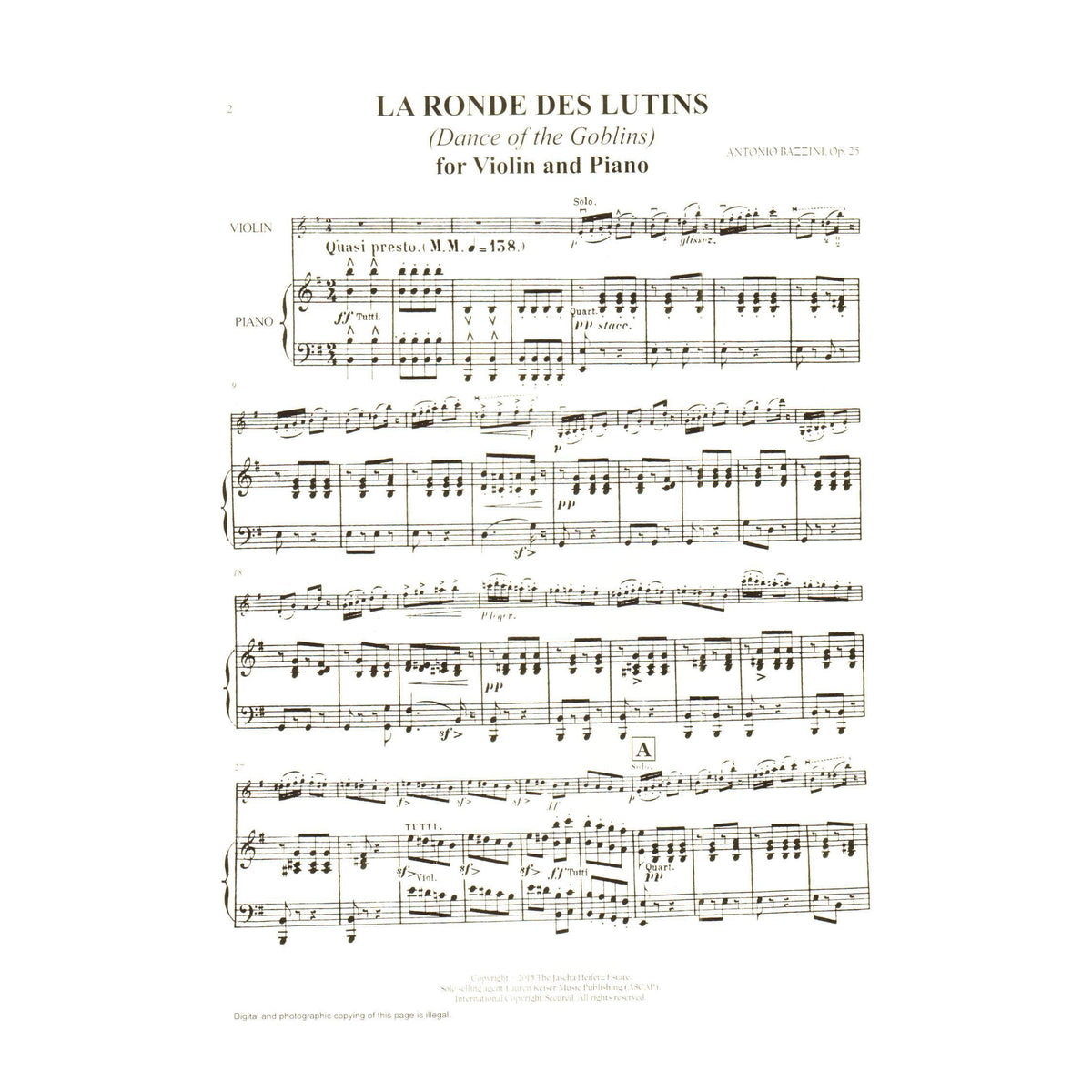 Bazzini, Antonio - La Ronde des Lutins (Dance of the Goblins), Op. 25 - for Violin and Piano - edited by Endre Granat - Heifetz Collection