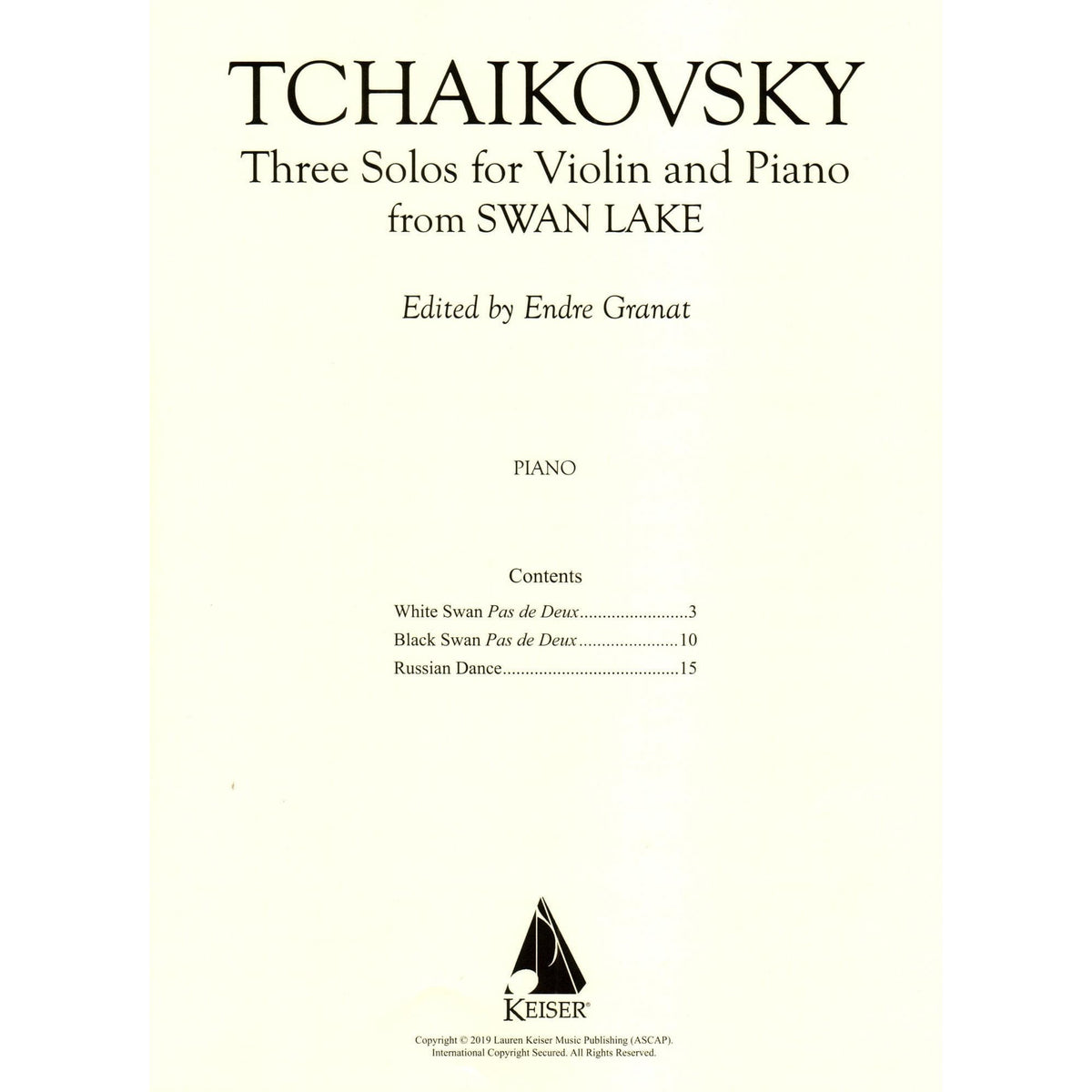 Tchaikovsky, P - Three Solos from Swan Lake - for Violin and Piano - Lauren Keiser Music