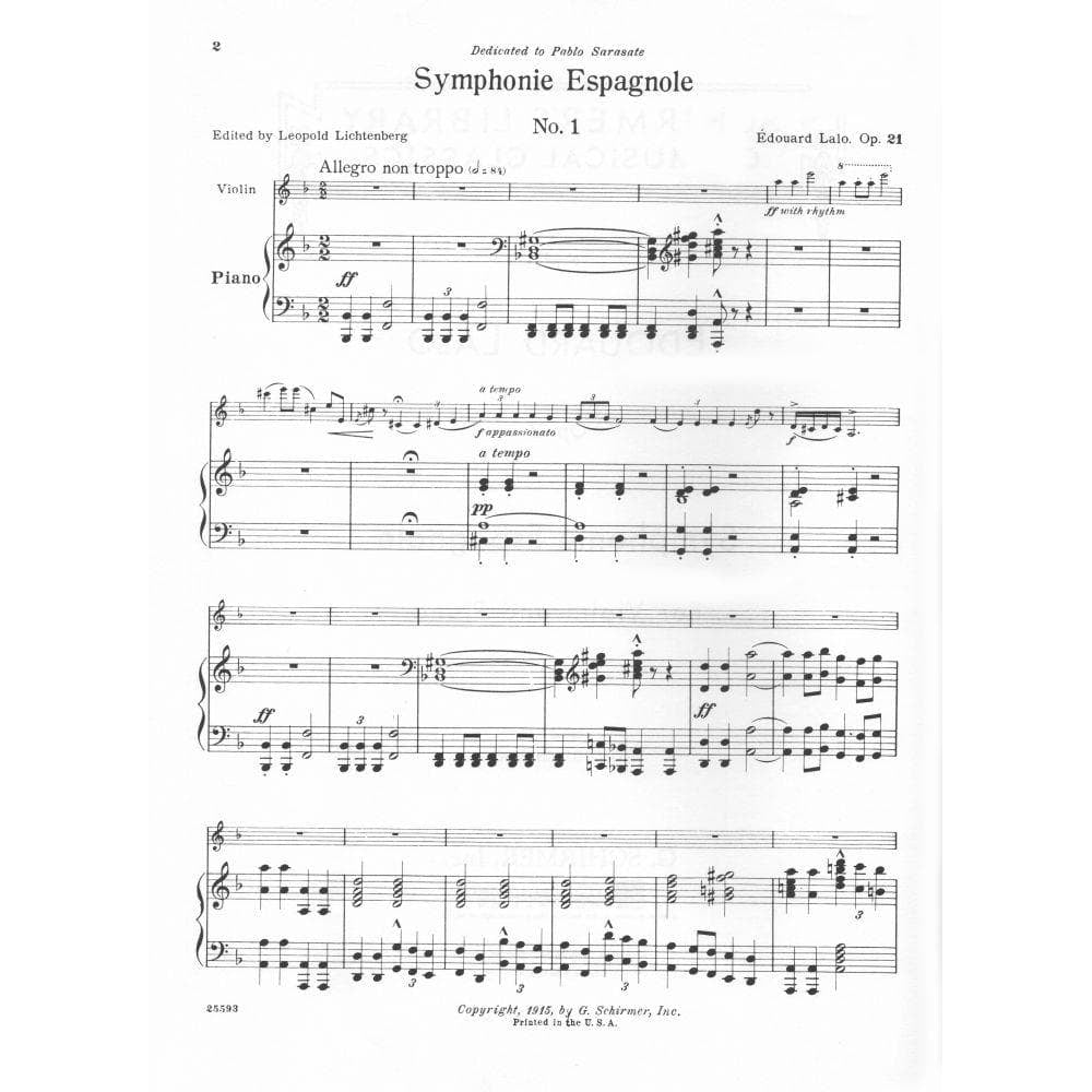 Lalo, Edouard - Symphonie Espagnole, Op 21 - Violin and Piano - edited by Leopold Lichtenberg - G Schirmer Edition