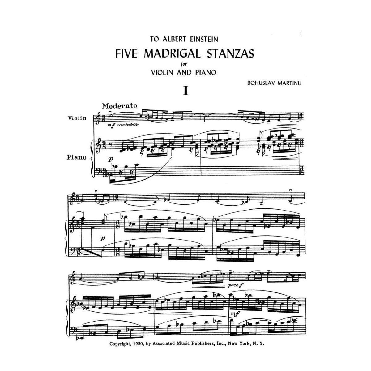 Martinů, Bohuslav - Five Madrigal Stanzas, Op 297 - Violin and Piano - Associated Music Publishers