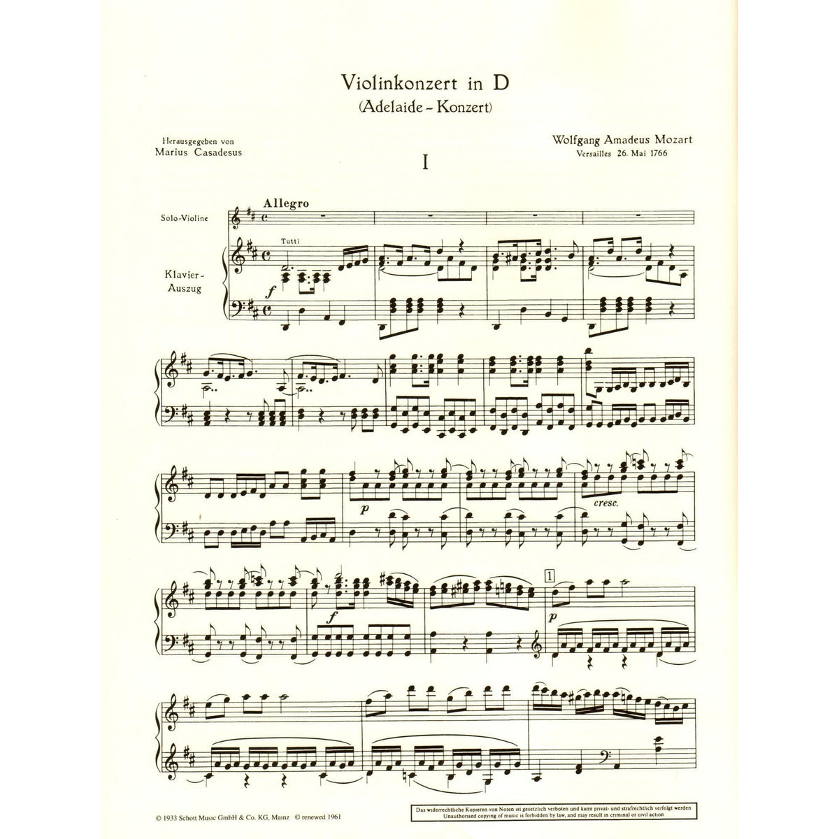 Mozart, WA - Concerto in D Major, K 294a ("Adelaide") - Violin and Piano - arranged by Marius Casadesus - Schott Edition