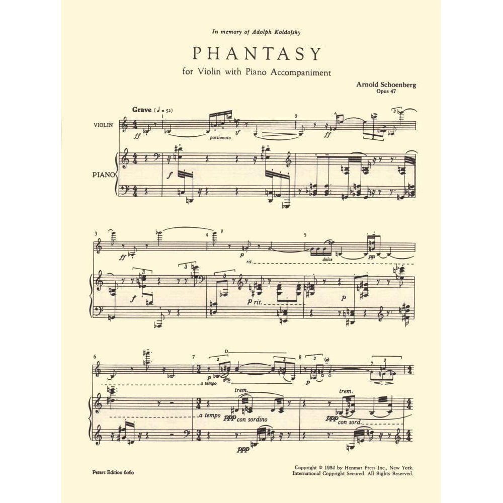Schoenberg, Arnold - Phantasy for Violin, Op 47 - for Violin and Piano - Edition Peters