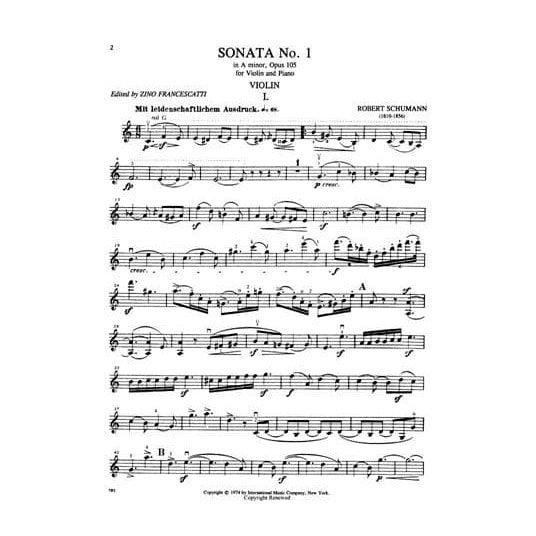 Schumann, Robert - 2 Violin Sonatas, Op 105 and 121 - Violin and Piano - edited by Francescatti - International Music Company
