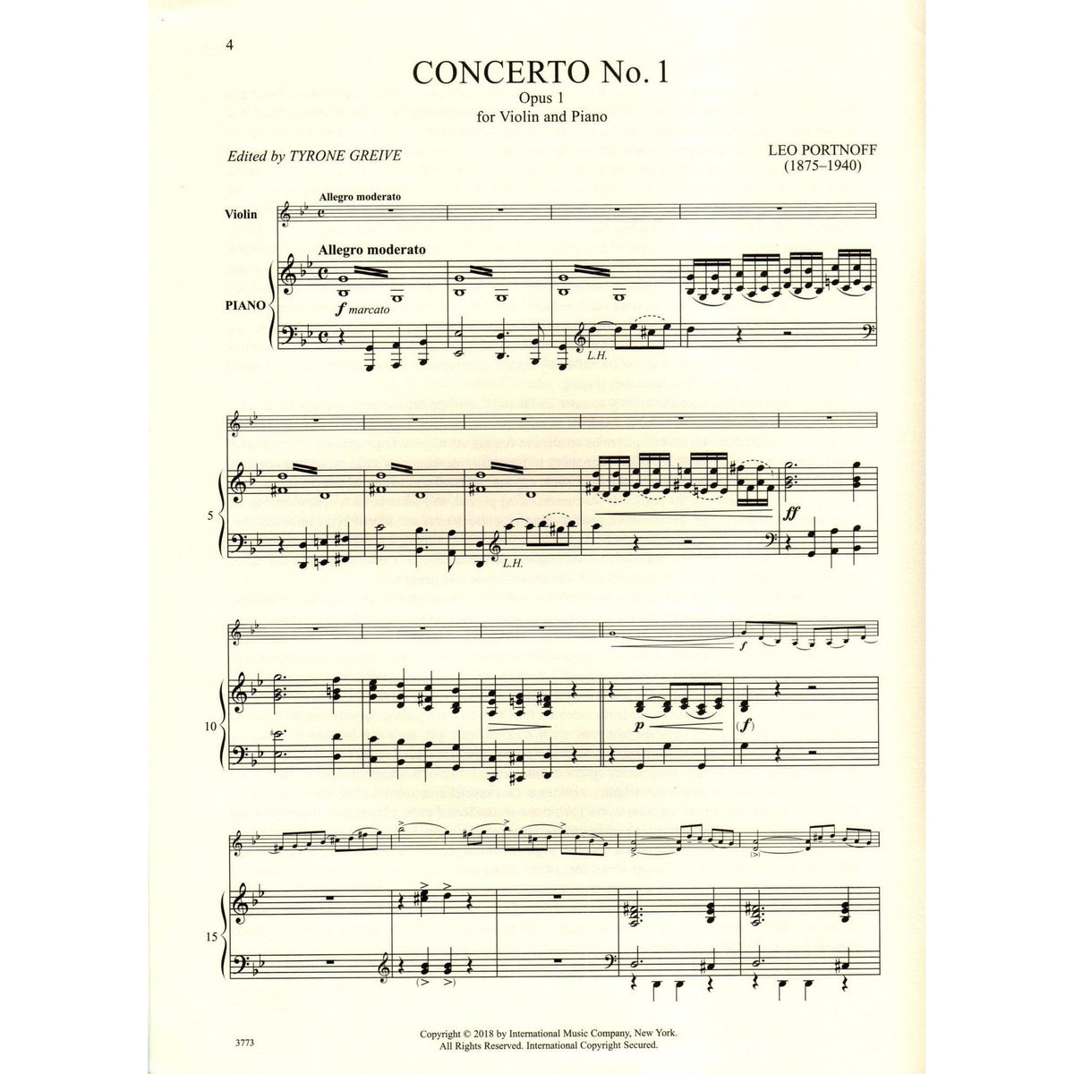 Portnoff, Leo - Concerto No. 1, Op. 1 - for Violin and Piano - edited by Greive - International