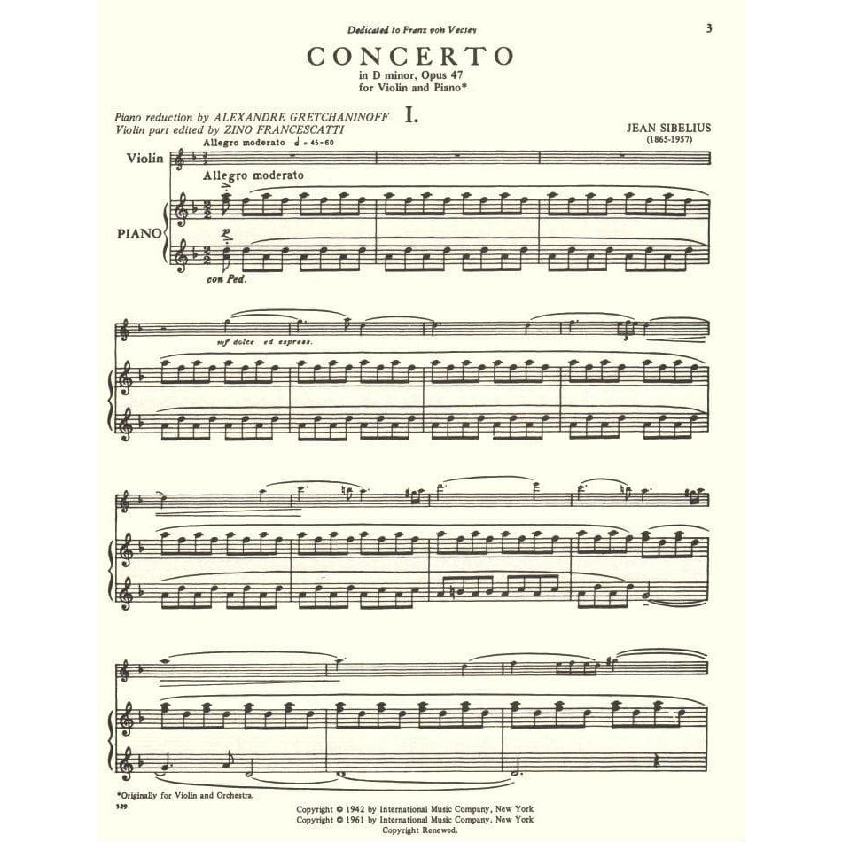 Sibelius, Jean - Violin Concerto in D Minor, Op 47 - Violin and Piano - edited by Francescatti-Gretchaninoff - International Music Company