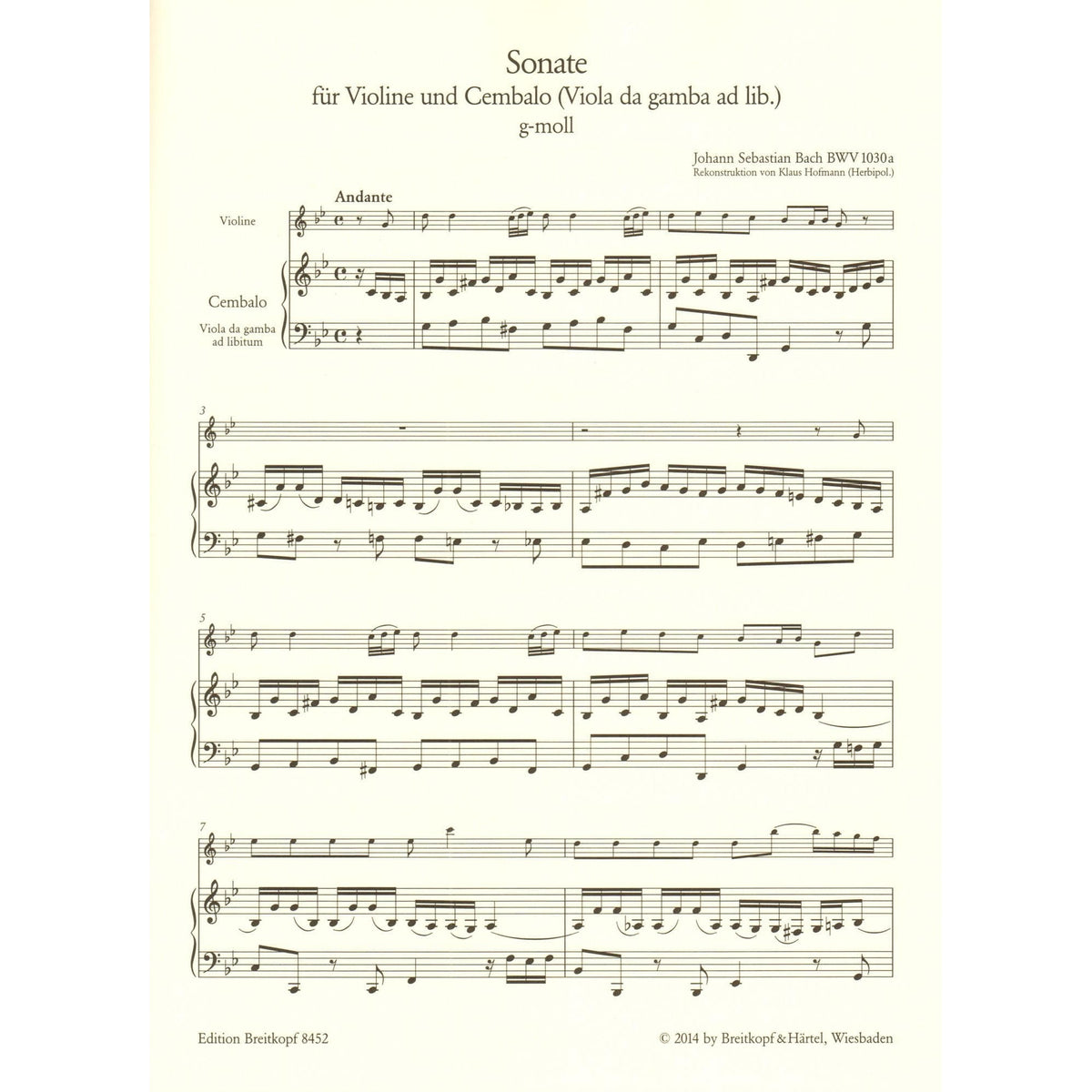 Bach, J.S. - Sonata for Violin and Cembalo in G Minor - optional Viola da gamba part - BWV 1030a - Edition Breitkopf