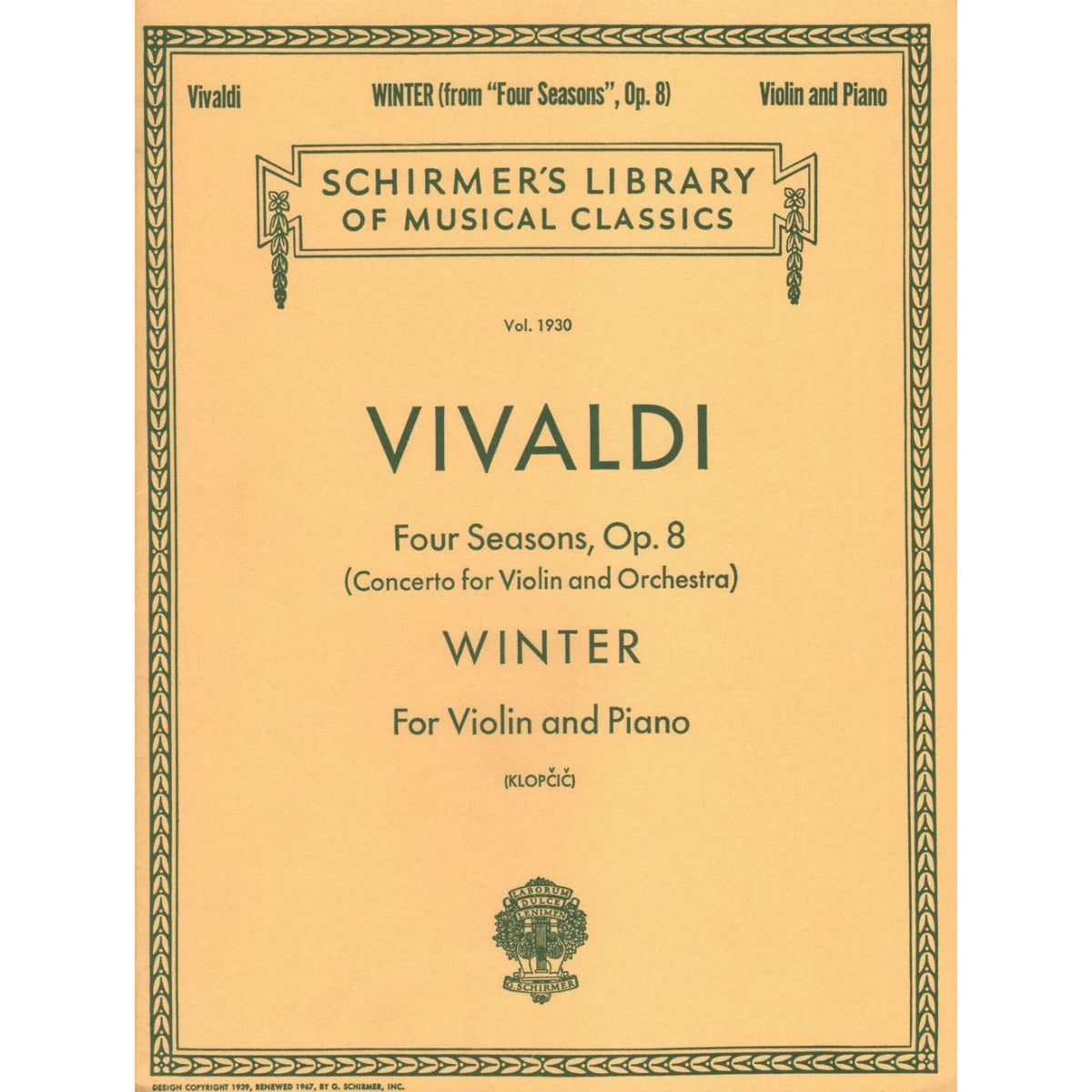 Vivaldi, Antonio - Winter 4 Seasons f minor RV 297 For Violin and Piano Edited by Klopcic Published by G Schirmer