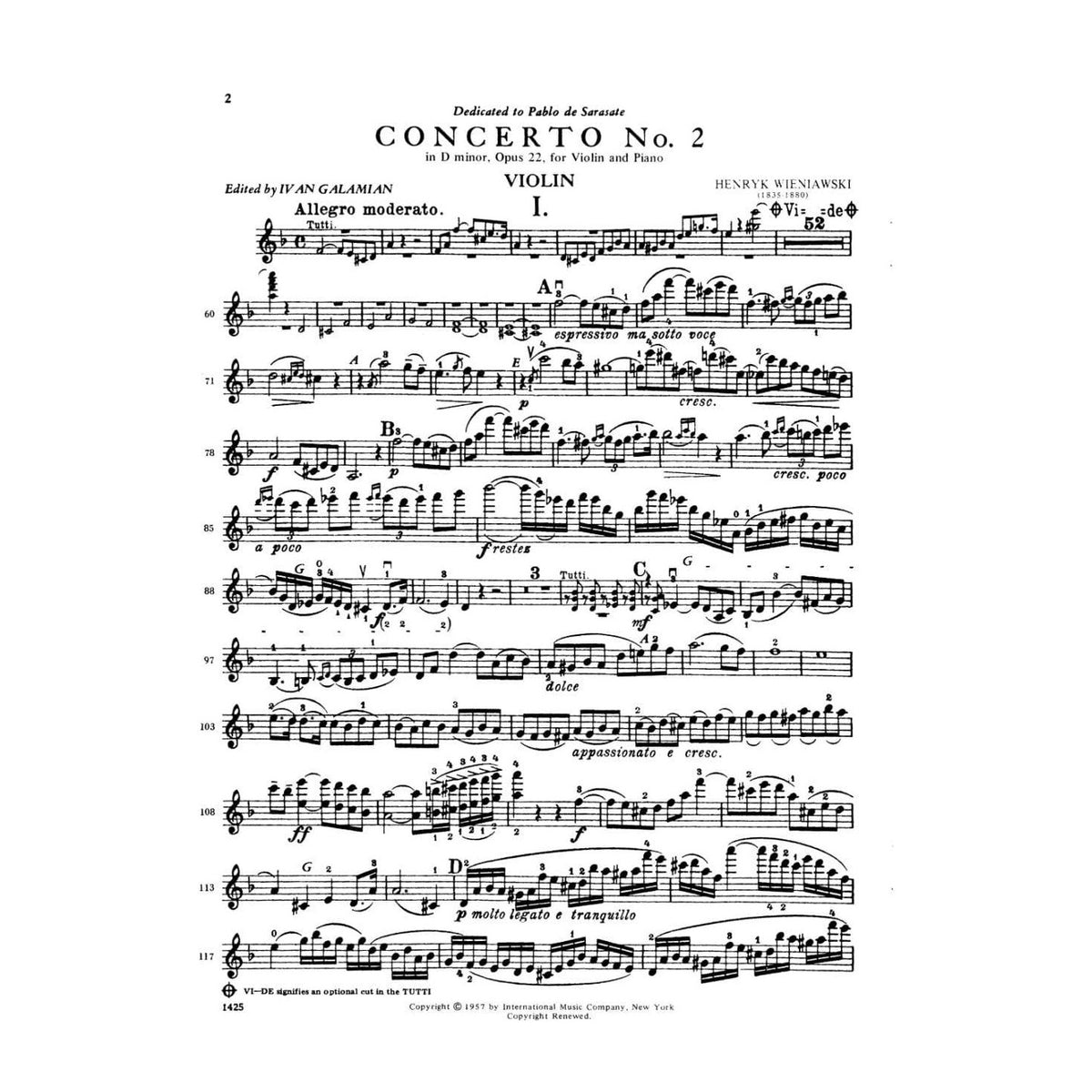 Wieniawski, Henryk - Concerto 2 in d minor, Op 22 For Violin and Piano Edited by Ivan Galamian Published by International Music Company