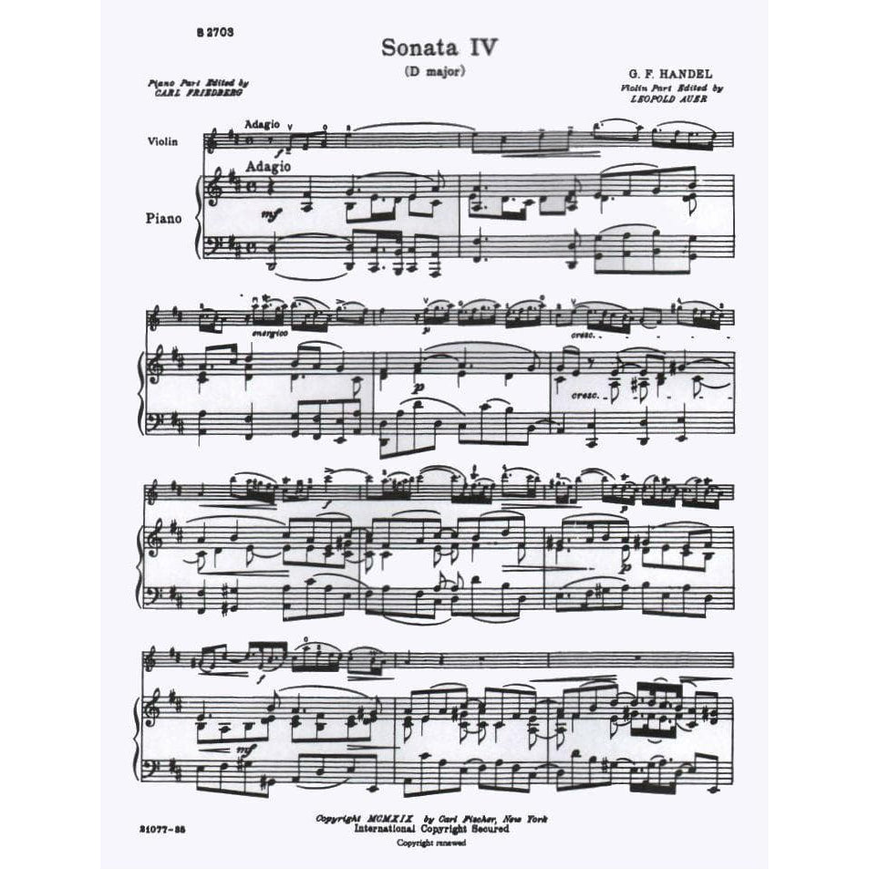 Handel, George Frideric - Sonata No 4 in D Major, Op 1, No 13, HWV 371 - Violin and Piano - edited by Leopold Auer and C Friedberg - Carl Fischer Edition