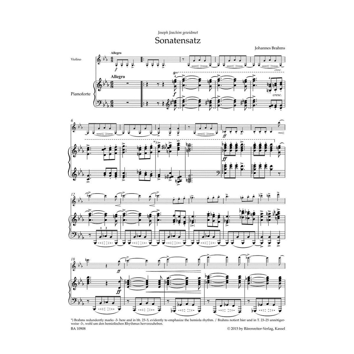 Brahms, Johannes - Sonata Movement from the FAE Sonata in C minor, WoO 2 - for Violin and Piano - edited by Clive Brown and Neal Peres Da Costa - Barenreiter URTEXT
