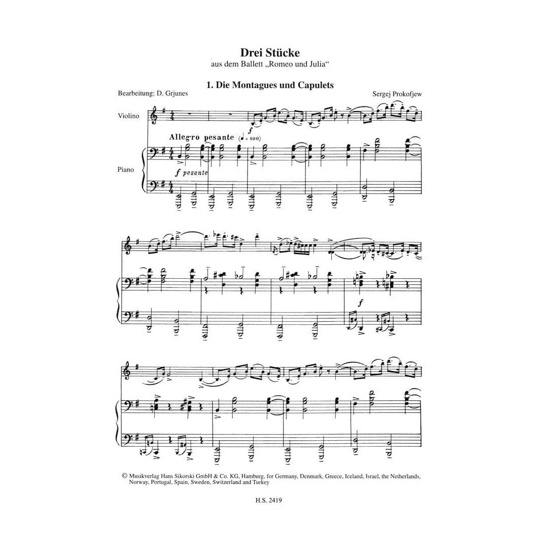 Prokofiev, Sergei - 3 Pieces From Romeo And Juliet - for Violin and Piano - Edition Sikorski