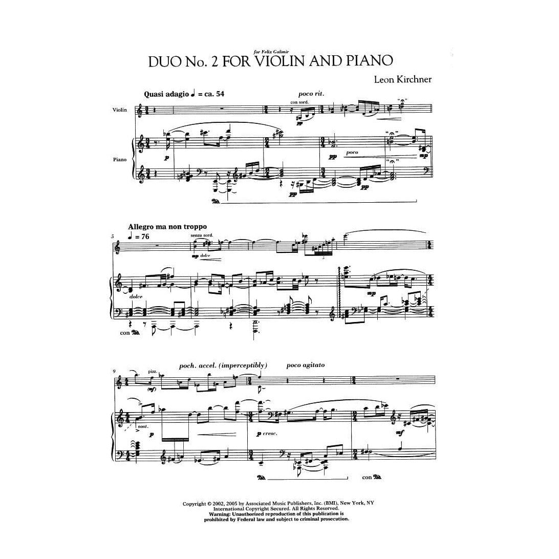 Kirchner, Leon - Duo No 2 for Violin and Piano - Associated Music Publishers