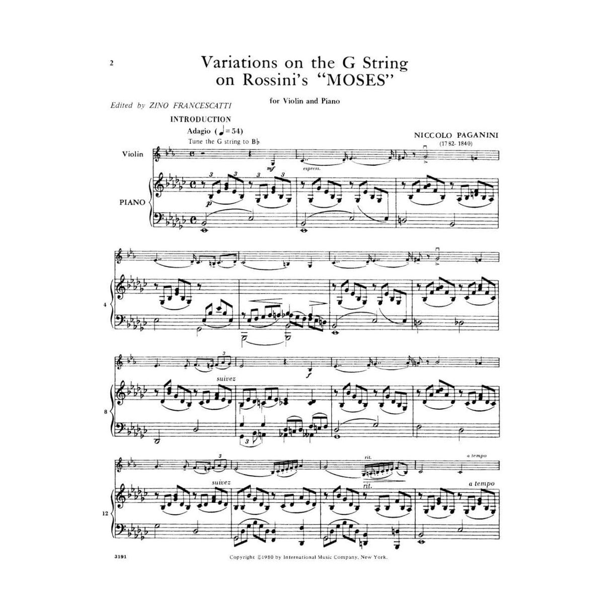Paganini, Niccolò - Variations on the G String on Rossini's "Moses" - Violin and Piano - edited by Zino Francescatti - International Music Company