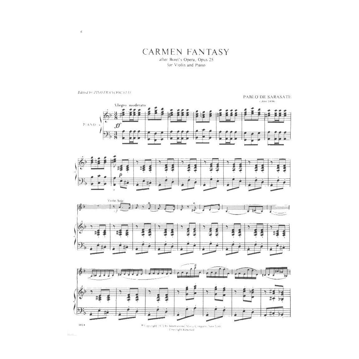 Sarasate, Pablo - Carmen Fantasy, Op 25 - Violin and Piano - edited by Zino Francescatti - International Music Company