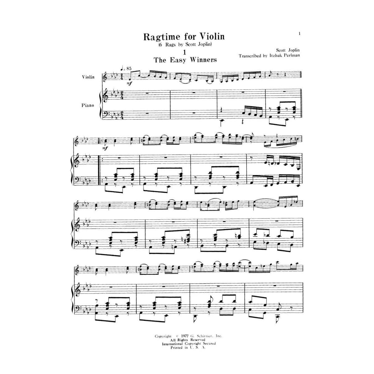 Joplin, Scott - Ragtime for Violin: 6 Scott Joplin Rags - Violin and Piano - arranged by Itzhak Perlman - Great Performer's Edition (Schirmer/Hal Leonard)